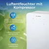 A white dehumidifier unit with a digital display and several feature callouts, set against a blurred green and light blue background. Produktbild-Vorschau