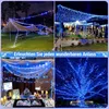 A collage of four images showcasing blue LED string lights used for decoration in various settings, including camping, outdoor events, and indoor parties. Produktbild-Vorschau