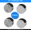 Four stainless steel mirror holders are arranged in a square formation on a white background. A blue circular overlay in the center states 'sie bekommen 4 Stück pro Bestellung' (you get 4 pieces per order). Produktbild-Vorschau