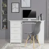A white desk with a computer, keyboard, and chair in a room with gray walls. Produktbild-Vorschau