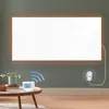 A modern living room scene with a white heating panel on the wall, a coffee table with a thermostat and a plant, and a smart plug connected to the wall. Produktbild-Vorschau