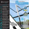 A close-up view of an automatic window opener installed on a greenhouse roof, with a graphic overlay detailing its features. Produktbild-Vorschau