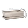 A rectangular planter with a matching saucer, shown with dimensions indicated by measurement lines and text. Produktbild-Vorschau