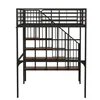 A black metal loft bed with wooden shelves and stairs against a white background. Produktbild-Vorschau