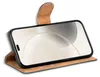 A book-style phone case with a phone inside, shown at an angle. Produktbild-Vorschau
