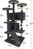 A dark gray cat tree with multiple levels and scratching posts, featuring dimensions indicated by measurement lines and text. Produktbild-Vorschau