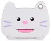 A white cat-shaped toy camera with pink and purple accents. Produktbild-Vorschau