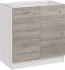 A white and wood-grain kitchen cabinet with two doors and silver handles, shown from the front. Produktbild-Vorschau