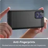 Hands holding a black smartphone case with a brushed texture and carbon fiber accents on the sides. The bottom of the image has a gray bar with text. Produktbild-Vorschau