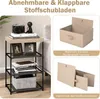 A side table with storage drawers, shown with decorative items and books, and separate images demonstrating the features of the fabric drawers. Podgląd zdjęcia produktu