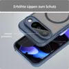 Close-up view of a blue phone case on a phone, highlighting camera protection. Produktbild-Vorschau