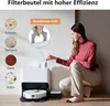 A woman is demonstrating how to use a robot vacuum cleaner accessory set, with close-ups of the different types of debris it can filter. Produktbild-Vorschau