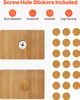 The image shows screw hole stickers and two wooden panels, one with a visible screw and the other with a sticker covering the screw hole. Voir les images du produit