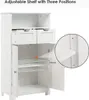 A white wooden cabinet with open doors, showing adjustable shelves and drawers. A magnified view highlights the shelf adjustment mechanism. Náhled obrázku produktu