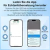 Image shows instructions for using a translation app with headphones, featuring screenshots of a smartphone app and icons for iOS, Android, Bluetooth, and Wi-Fi. Produktbild-Vorschau