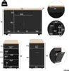 A collage of images showing a black kitchen island with a wooden top, including detailed dimension diagrams and close-ups of its features. Voir les images du produit