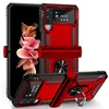 A red and black protective case for a Samsung Galaxy Z Flip3 5G phone, shown in two different orientations, with a ring holder and stand. Produktbild-Vorschau