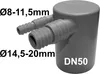A gray plastic hose adapter with measurement labels and a brand logo. Náhľad obrázku produktu