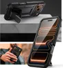 A collage of images showing a black phone case with a kickstand and ring holder, with different angles and a person holding it. Náhľad obrázku produktu