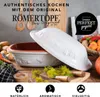 A Römertopf clay pot is shown with ingredients like carrots and potatoes, suggesting a cooking context. The image also features promotional text and icons. Produktbild-Vorschau