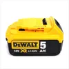 A DeWalt 18V 5.0Ah Li-ion battery pack is shown against a white background. Produktbild-Vorschau
