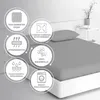 A grey fitted sheet on a bed, with marketing icons around it. Produktbild-Vorschau