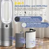 A Dyson-style air purifier with its filters displayed next to it, accompanied by marketing text and icons explaining its features. Produktbild-Vorschau