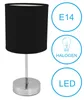 A black table lamp with a chrome base and stem, shown on a white background with informational icons. Produktbild-Vorschau