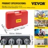 A collage showing a red carrying case, a set of four vacuum gauges, and four smaller images depicting factory, workshop, garage, and household settings. Voir les images du produit