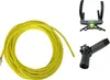 A collection of cleaning tools, including a coiled yellow hose, a black nozzle, and a gray and black mounting bracket, are displayed against a white background. Produktbild-Vorschau