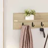 A close-up of a wall-mounted coat rack with a shelf, featuring a scarf and keys hanging from hooks, and a small potted plant on the shelf. Náhled obrázku produktu
