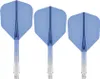 Three blue dart flights with clear shafts are arranged in a row against a white background. Produktbild-Vorschau