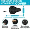 Collage of images showcasing a black bicycle seat cover with text labels and diagrams. Produktbild-Vorschau