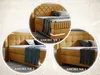 A collage of three different views of a beige boxspring bed with LED lighting. Produktbild-Vorschau