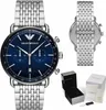 A collage of an Emporio Armani watch, its packaging, and a close-up of the watch band. Náhled obrázku produktu