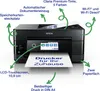 A black Epson printer with various features highlighted by green arrows and text. Náhled obrázku produktu