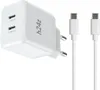 A white USB-C charger with two ports and two white USB-C cables are shown against a white background. Produktbild-Vorschau
