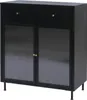 A black cabinet with two drawers and two glass doors, standing on four legs. Podgląd zdjęcia produktu