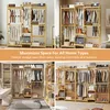 A collage of images showing a bamboo wardrobe rack with clothes and storage boxes, along with text highlighting its space-saving features. Náhled obrázku produktu
