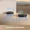 Two robot vacuum cleaners are shown on a floor, with text overlays highlighting battery life and capacity. Produktbild-Vorschau