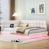 A bedroom scene featuring a beige upholstered corner bed with LED lighting.