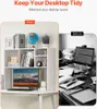 A split image showing a before and after comparison of a desk, with the 'after' side featuring a white desk organizer shelf. Náhled obrázku produktu