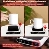 A split image showing a hand placing a mug on a cup warmer and then the mug on the cup warmer with a plant in the background. Produktbild-Vorschau