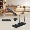 A woman is shown using a treadmill in a living room, with additional product shots and dimensions displayed. Podgląd zdjęcia produktu