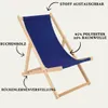 A blue wooden deck chair with labels pointing out its features. Produktbild-Vorschau