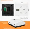 Collage of images showing a white thermostat from different angles with measurements and labels. Voir les images du produit