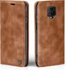 A brown leather flip case for a smartphone, shown from the front and back. Produktbild-Vorschau
