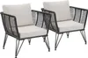 Two outdoor lounge chairs with beige cushions and dark gray rope weaving on a white background. Voir les images du produit