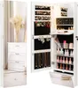 A white jewelry cabinet with a full-length mirror on the left and an open cabinet on the right, displaying various jewelry and cosmetics. Náhľad obrázku produktu
