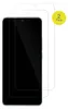 Two screen protectors are shown on a white background, with one placed on top of a smartphone. Produktbild-Vorschau